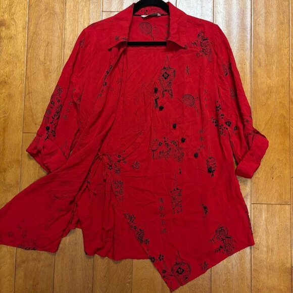 Soft Surroundings Women Wrap Top Size *S Knot Button Asian Tunic Red Asymmetric - Picture 15 of 16